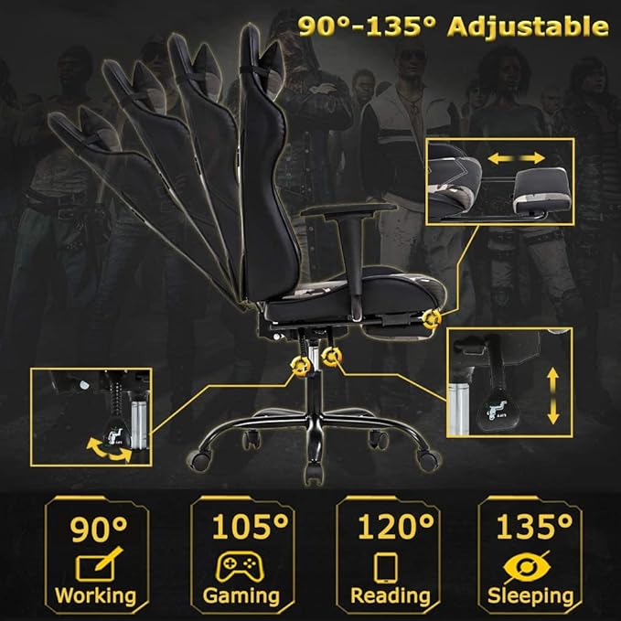 Gaming Chair High Back Computer Gaming Chair with Footrest Ergonomic Massage PC Game Chair PU Leather Racing Office Chair Adjustable Task Chair w/Headrest Armrest for Teens Adults- Camo
