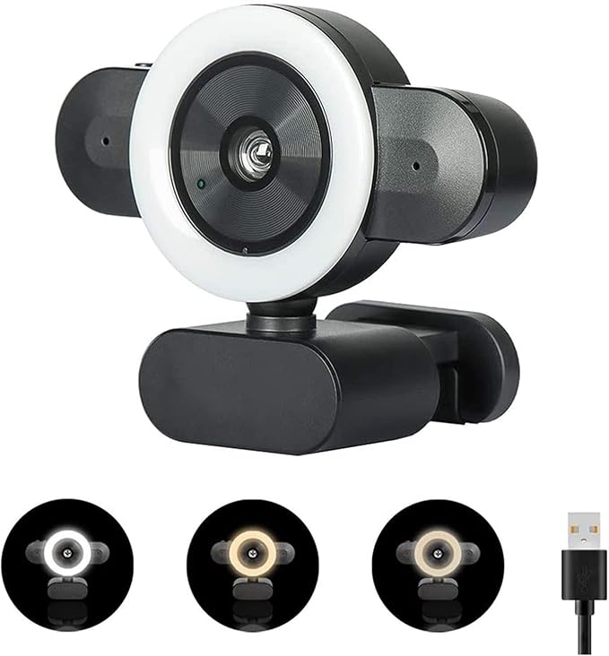 Video Conference Camera HD 2K Webcam with Autofocus 3-Color Ring Light Web Camera with Microphone for PC Computer Camera Web Cam for Streaming for Business Meetings (Color : Black)