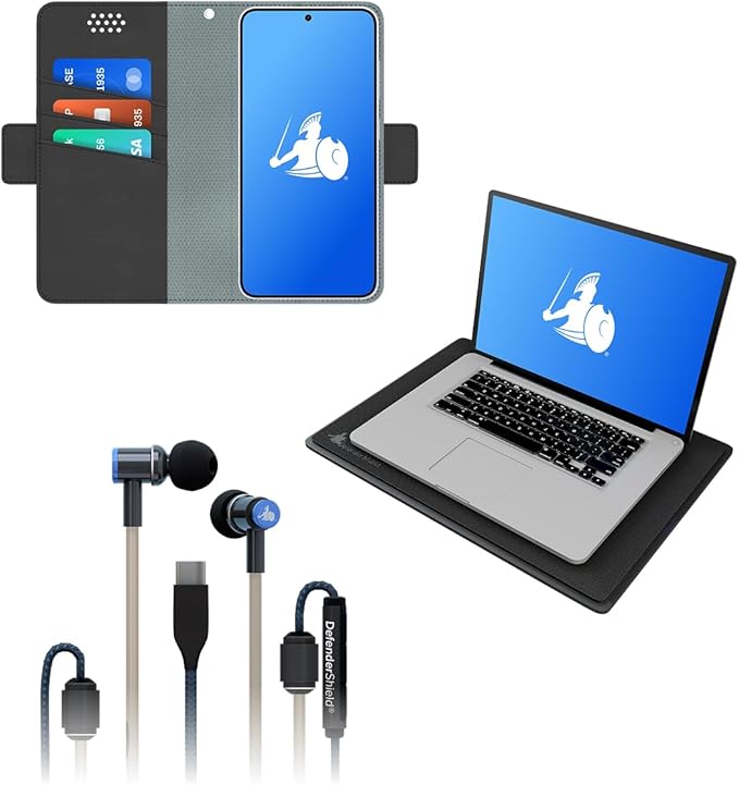 DefenderShield Laptop Pad Phone Case and Headphones – EMF Blocker Pad that Shields from EMF Radiation Heat &amp Battery – Universal EMF Blocker for Cell Phone Cover – Wired EMF-Free Air Tube Headp