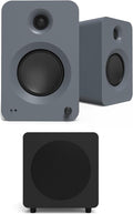 Kanto REN Grey Bluetooth Powered Bookshelf Speakers - Matte Grey Pair with a SUB8VMB Sealed Powered 8 Subwoofer - Vinyl Black (2024)