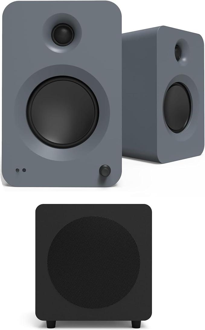 Kanto REN Grey Bluetooth Powered Bookshelf Speakers - Matte Grey Pair with a SUB8VMB Sealed Powered 8 Subwoofer - Vinyl Black (2024)