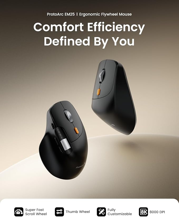 ProtoArc Ergonomic Bluetooth Mouse EM25 USB Wireless Mouse Fast Scrolling &amp Thumb Scroll Wheel Buttons Customizations 8000 DPI Quiet Rechargeable Compatible with Windows/Mac/Android Black