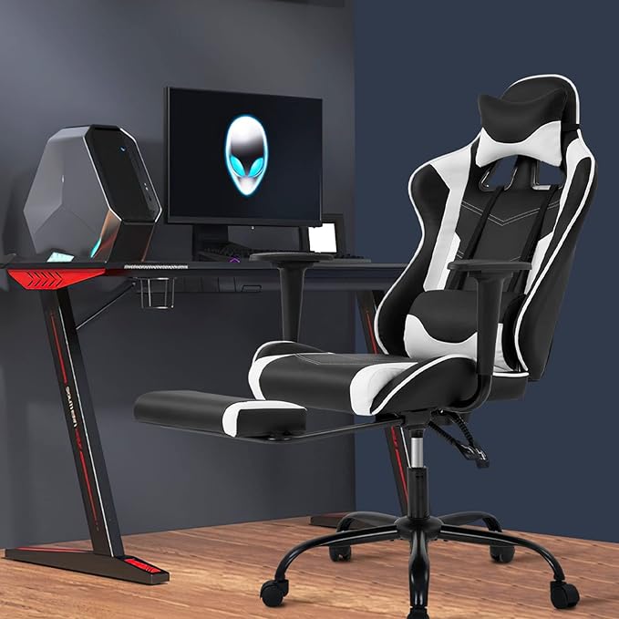 Gaming Chair Ergonomic Computer Racing Style Office Chair Adjustable High Back Gamer Chair for Home Office with Footrest Headrest Lumbar SupportWhite