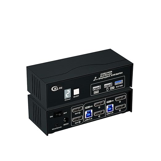 CKLau USB 3.0 Dual Monitor KVM Displayport 1.4 8K30Hz 4K144Hz 2 Monitors 2 Computers Peripheral Sharing Switcher Box with Cables Wired Remote Digital Display