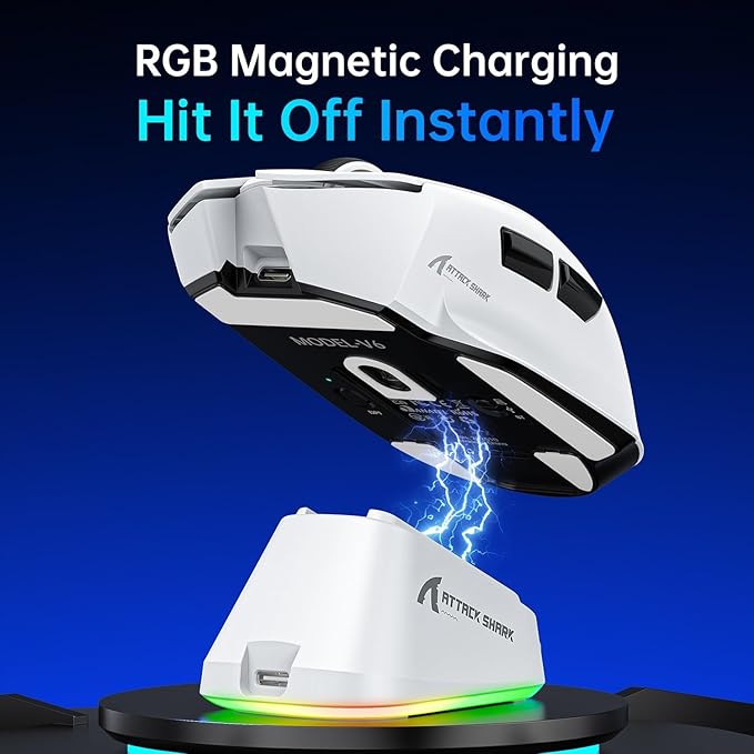 ATTACK SHARK V6 Wireless Gaming Mouse with RGB Charging Dock 25K DPI PAW3311 Sensor 1K Polling Tri-Mode PC Mice500mAh Battery Cloud-Based AI Driver for Win/MacBlack