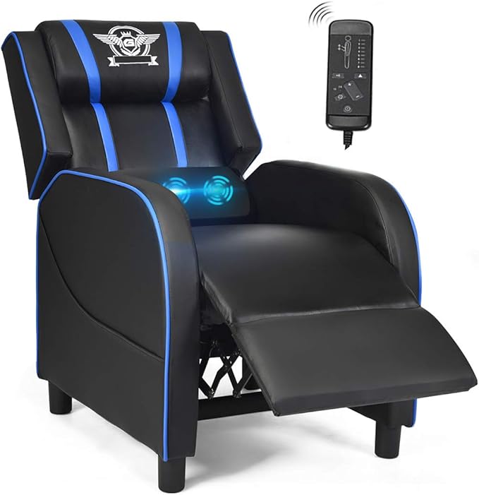 POWERSTONE Gaming Recliner Chair Reclining Gaming Chairs for Adults Ergonomic Leather Sofa with Footrest Lumbar Support Headrest and Side Pouch for Living Room Home Theater Blue