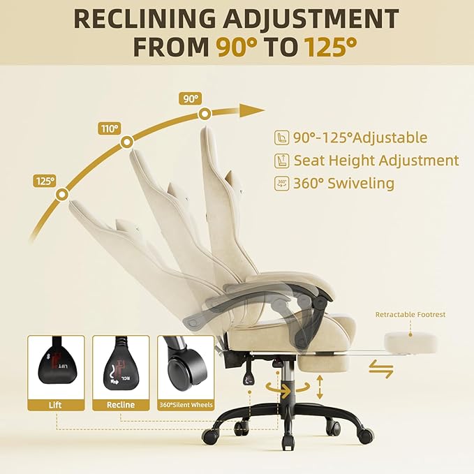 Ferghana Velvet Fabric Ergonomic Gaming Chair with Footrest and Massage High Back Reclining Computer Gamer Chair for Adult Racing Style PC Video Game Chair Suitable for Home Office (Beige)