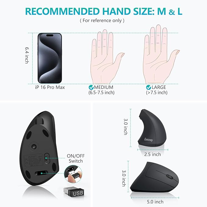 Ergonomic Mouse LEKVEY Vertical Wireless Mouse - Rechargeable 2.4G Optical Vertical Mice : 3 Adjustable DPI 800/1200/1600 Levels 6 Buttons for Laptop Mac PC Computer Desktop Notebook etc Black