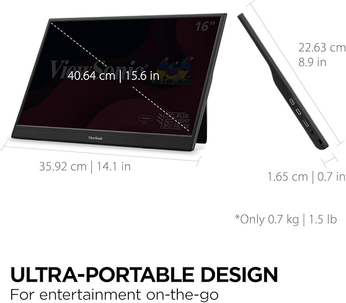 ViewSonic VA1653 16 Inch 1080p FHD IPS Portable Monitor with Eye Care Built-in Stand USB C Mini HDMI and Protective Case External Second Screen for Laptops PC Mac and Gaming Consoles