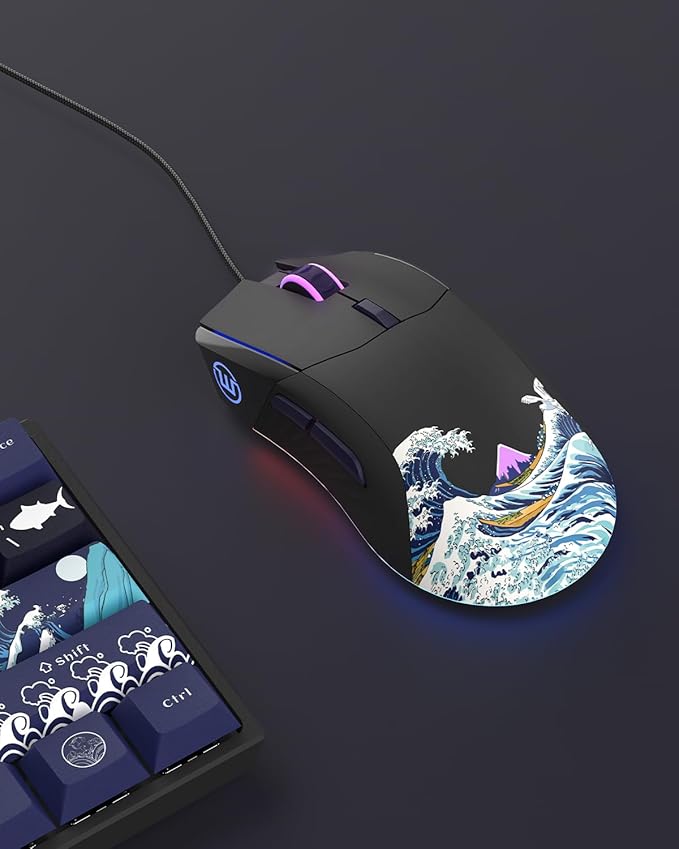 COSTOM Womier USB Wired Gaming Mouse for PC Computer Windows Mac Laptop Lightweight Silent RGB Backlit Mouse with Adjustable 12000DPI/7 Programmable Side ButtonsBlack Kanagawa Theme-G705 V2