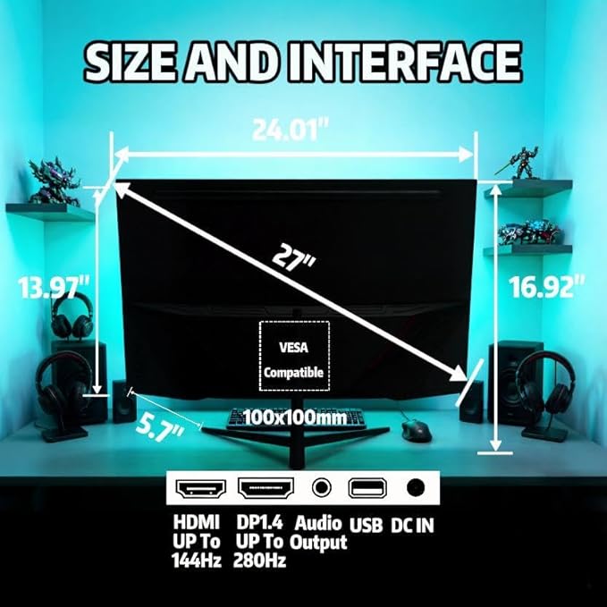ZZA 27 Inch Curved 280Hz Gaming Monitor 1800R Curved Computer Gaming Monitor FHD 1080P 4000:1 120% sRGB 1Ms GTG|FreeSync|HDR|Low Blue Light|HDMI DP| VESA Support 100x100mm(No Speakers)
