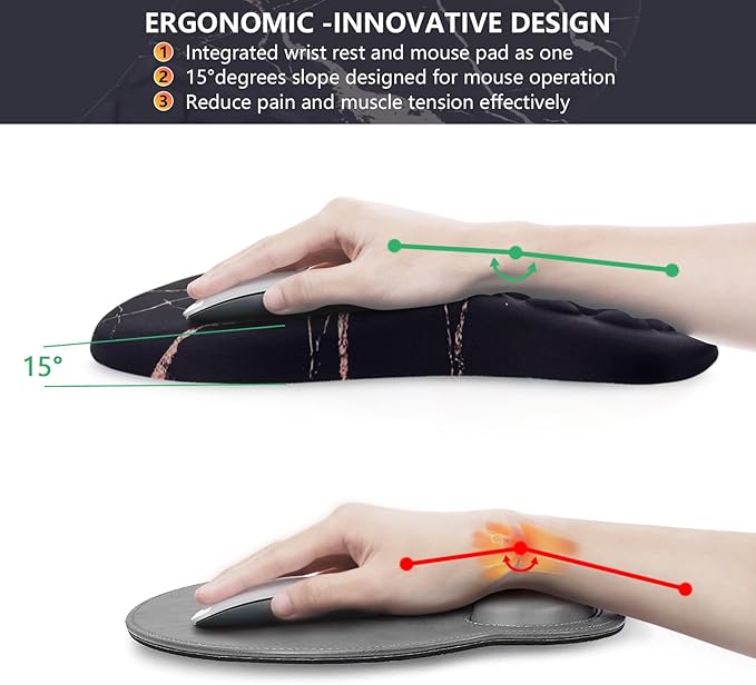 Mouse Pad Wrist Support Ergonomic Mouse Pad with Wrist Rest Comfortable Computer Mouse Pad for Laptop Pain Relief Mousepad with Non-Slip PU Base Black Gold Marble