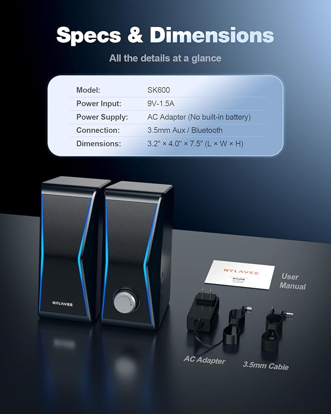 Nylavee Computer Speakers Hi-Fi Stereo Sound PC Speakers with Bluetooth 5.0 and 3.5mm AUX-in 14W AC Powered Built-in Equalizer Modes and RGB Lights for Desktop PC Monitor Laptop PS5 Xbox