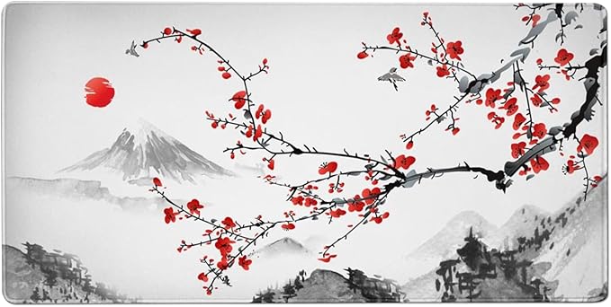 AQQA Extended Gaming Mouse Pad Cherry Blossoms Japanese XXXXL Full Desk Mousepad 48 x 24 Non Slip Desk Mat with Stitched Edge Computer Keyboard Mat for Office