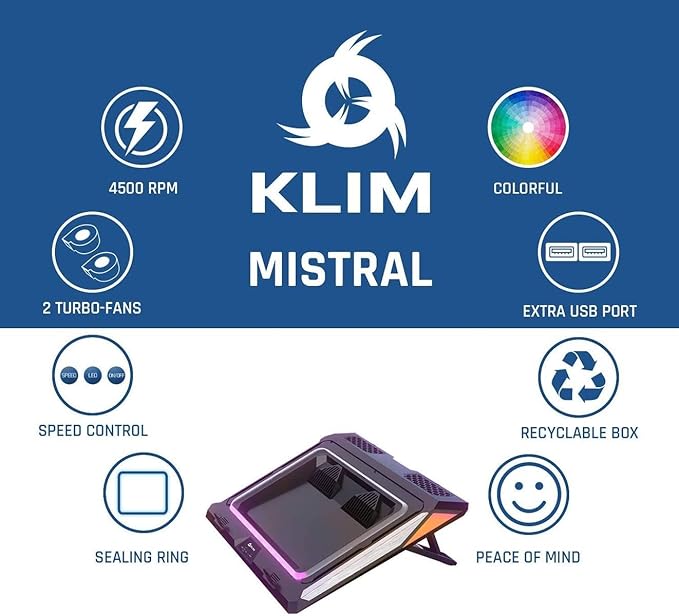 KLIM Mistral Laptop Cooling Pad - New - Powerful Turbo-Laptop Fans (4500 RPM) - Rubber Seal and Dust Filters for Maximum Performance - Gaming Laptop Cooler to Avoid Overheating - 15.6-17.3 inch