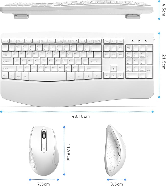 Ergonomic Keyboard and Mouse Combo Full Size Cordless Computer Keyboard with Palm Wrist Rest Ergonomic Mouse for Windows Computers Laptops - White