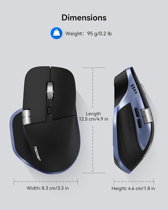 TECKNET Wireless Mouse Bluetooth Mouse (BT5.3/5.0 &amp 2.4G) Rechargeable Ergonomic Optical Mouse with 6 Adjustable DPI Side Scroll USB A Receiver 7 Buttons Wide Compatibility - Black &amp Blue