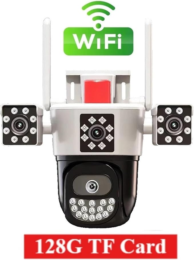 Outdoor Surveillance Camera 360 Ptz Tri-Lens Home Alarm Telecamera WiFi Color Night Vision Webcam Waterproof Panoramic Camera(128G TF Card)