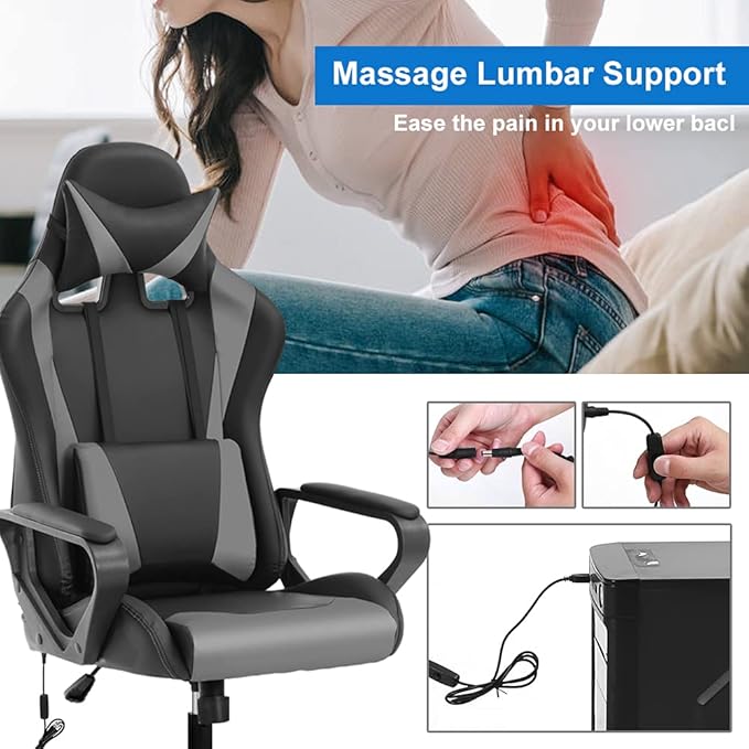 Dkeli PC Gaming Chair Office Chair Racing Desk Chair with Lumbar Support Arms Headrest Massage High Back PU Leather Ergonomic Computer Chair Rolling Adjustable Swivel Chair for Women Men Adult Grey