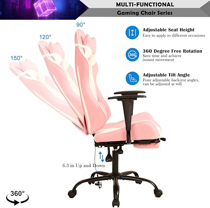 Gaming Chair Racing Style Office Computer Game Chair Ergonomic Desk Chair with Headrest Lumbar SupportHigh Back Gamer Office Chair Massage Recliner Video Game Chairs for Kids or AdultsPink