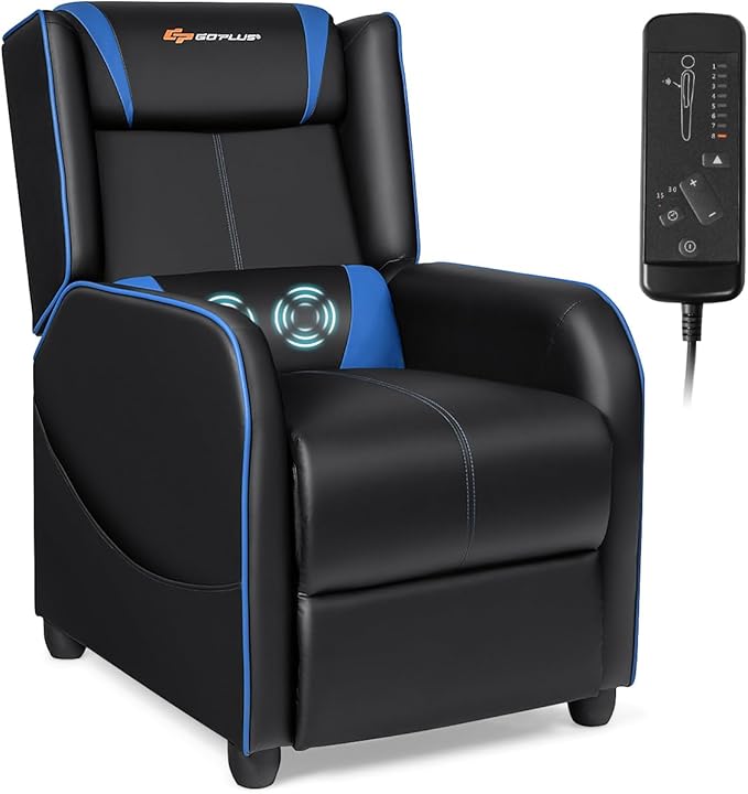 Goplus Massage Gaming Recliner Chair Racing Style PU Leather Single Recliner Sofa with Footrest Adjustable Modern Living Room Recliners Ergonomic Home Theater Recliner Seat (Blue)