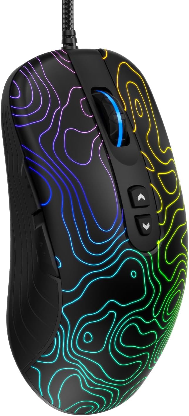Womier G706 USB Wired Gaming Mouse for PC Computer Windows Mac Laptop Lightweight Silent RGB Backlit Mouse with Adjustable 12000DPI/7 Programmable Side ButtonsTopographic Theme (Black Topographic)