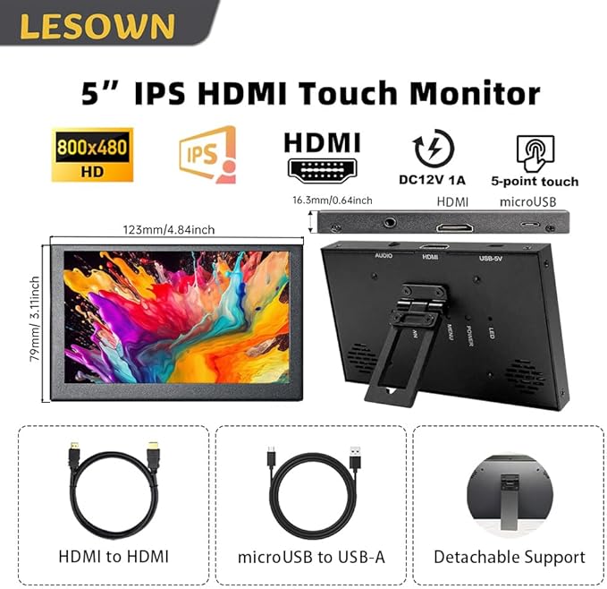 5 Inch Mini Touch Secondary Display Portable Monitor 800x480 USB HDMI IPS LCD Capacitive Touch Screen Tiny Monitor for PC Laptop Windows