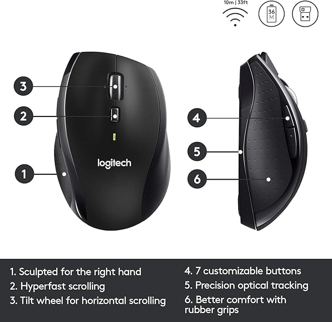 Logitech M705 Wireless Marathon Mouse for PC - Long 3 Year Battery Life Ergonomic Shape with Hyper-Fast Scrolling and USB Unifying Receiver for Computer and Laptop - Black (Renewed)
