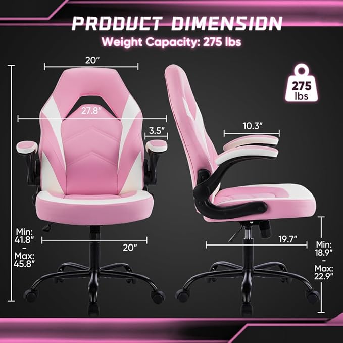 Gaming Chair PU Leather Computer Chair Ergonomic Office Chair with Lumbar Support Height Adjustable Rolling Desk Chairs with Flip-up Armrests (Pink+White)
