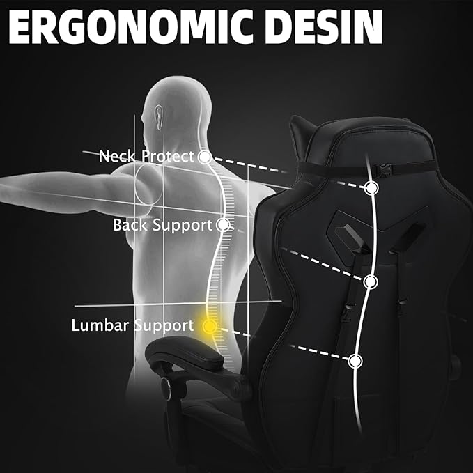 Vonesse Gaming Chair Big and Tall Office Chair with Footrest and Massage Gaming Chairs for Adults with Lumbar Support Ergonomic High Back Computer Desk Chair with Pocket Spring Cushion (Black)