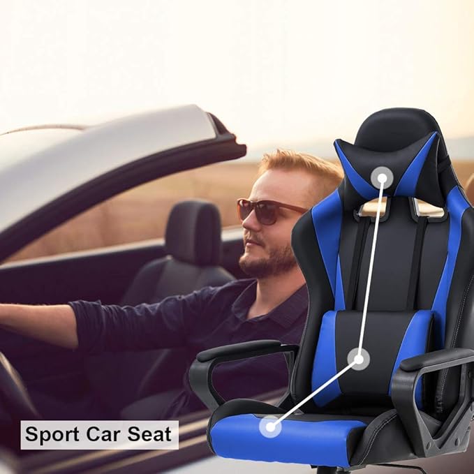 HHS Gaming Chair Computer Chair Video Game Chairs Ergonomic Racing Gamer Chair with Massage Lumbar Support and Headrest Armrest Big and Tall Comfortable Gaming Recliner for Adults Teens Blue