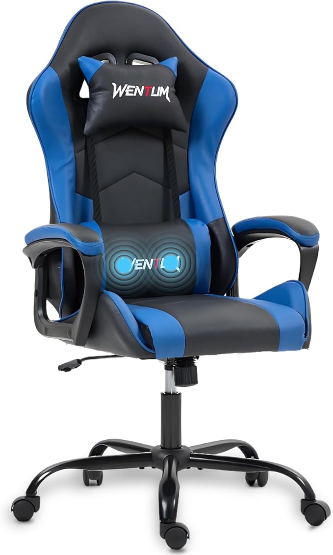 Gaming Chair PU Leather Massage PC Video Game Chair with Lumbar Support for Men Women Home Office Height Adjustable Ergonomic High Back Blue