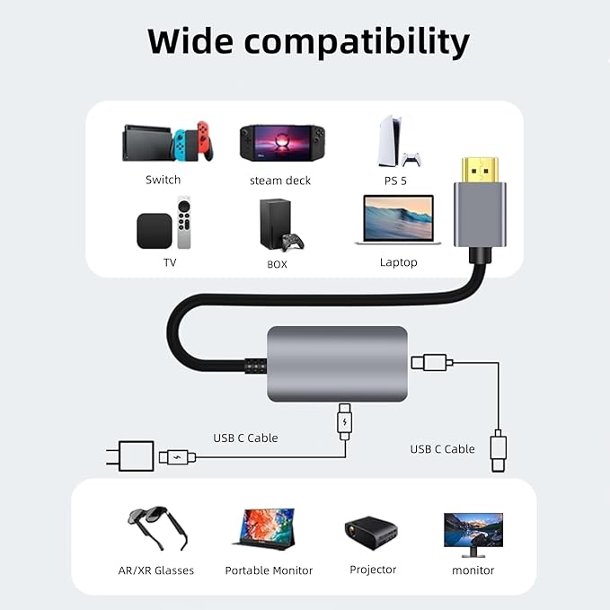 HDMI to USB C Adapter 4K60Hz Unidirectional HDMI Male (Source) to USB C Female (Display) for Portable Monitor AR Glasses XREA-L One/Air 2 Pro/VITURE Pro/Rokid PS4/5 B0X Switch ROG Ally