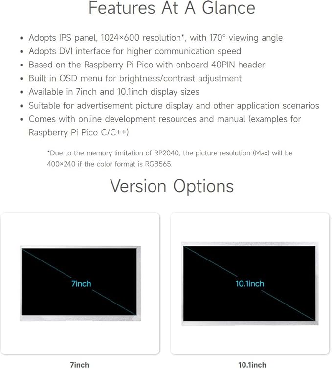 Waveshare 7inch DVI Display Module for Raspberry Pi Pico IPS Panel 1024×600 Pixel DVI Interface Communication
