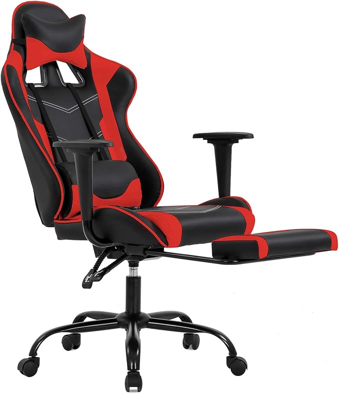 BestOffice | Ergonomic Gaming Chair | Red | Reclining Computer Chair with Lumbar Support Headrest Pillow Adjustable Footrests | 360 Swivel with Heavy Duty Wheels | for Home &amp Office