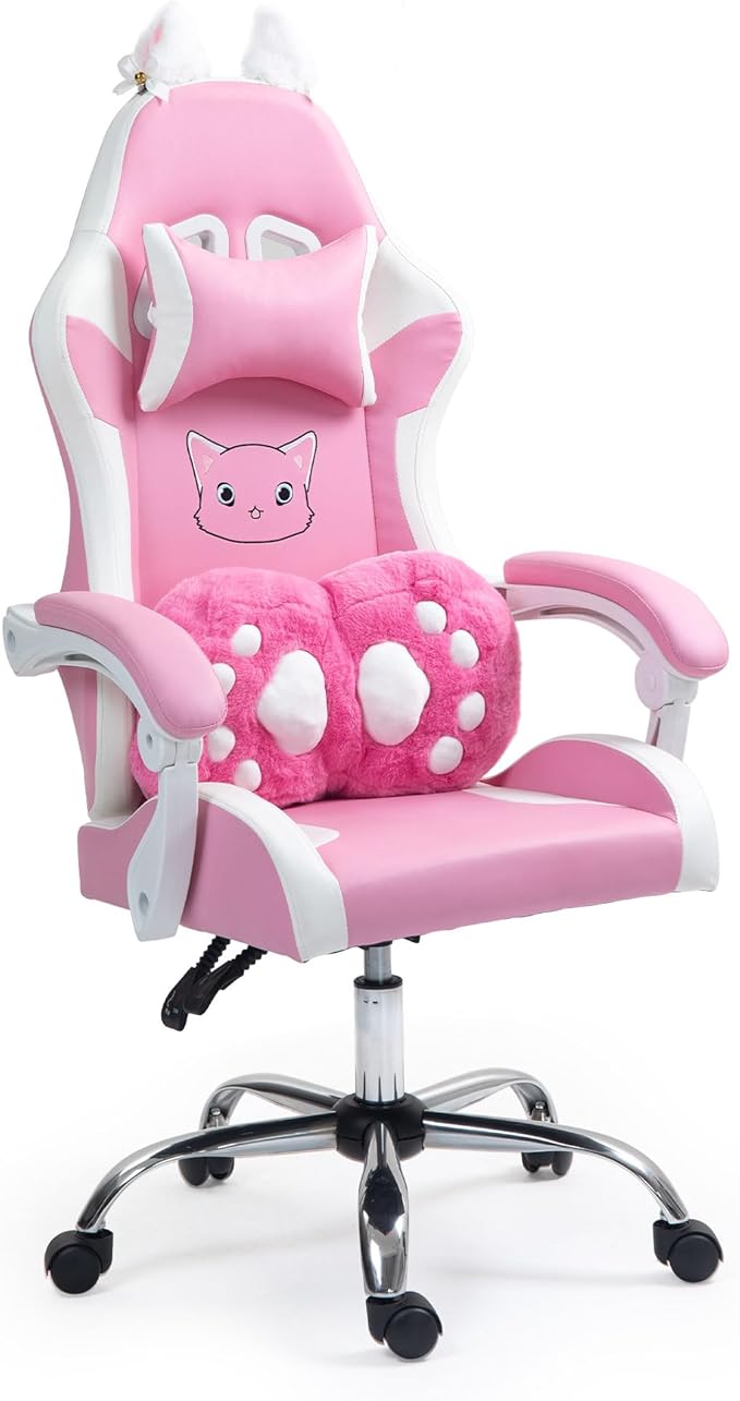 ALEAVIC Pink Gaming Chair with Cat Paw Lumbar Cushion and Cat Ears Reclining PC Game Computer Chairs Ergonomic Gamer Chair for Kids Girls Teens