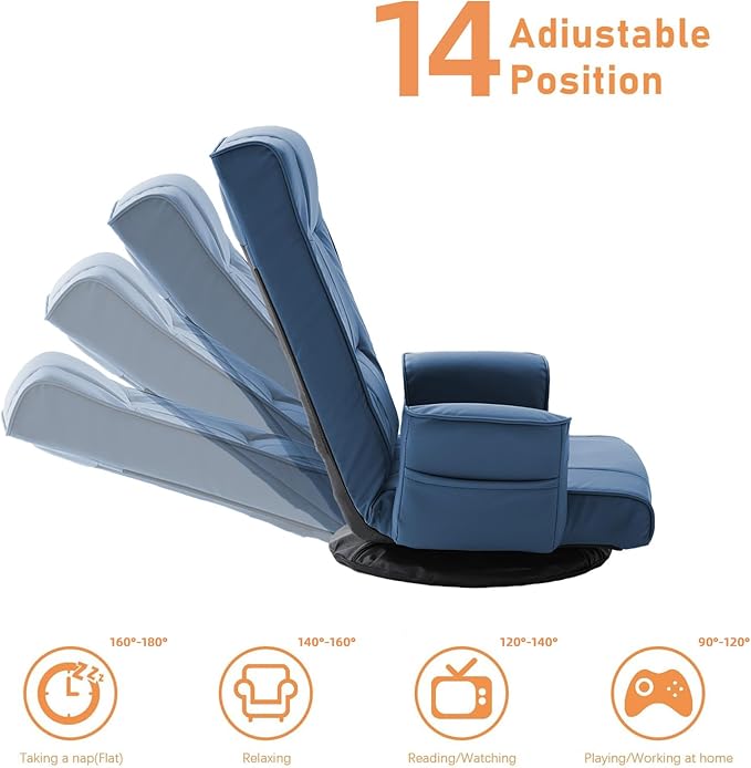 FLOGUOR 360° Swivel Gaming Floor Chair with Armrests – 14-Position Adjustable Folding Floor Sofa Lounger Padded Backrest Multi-Angle Recline for Home Living Room &amp Office (Blue)