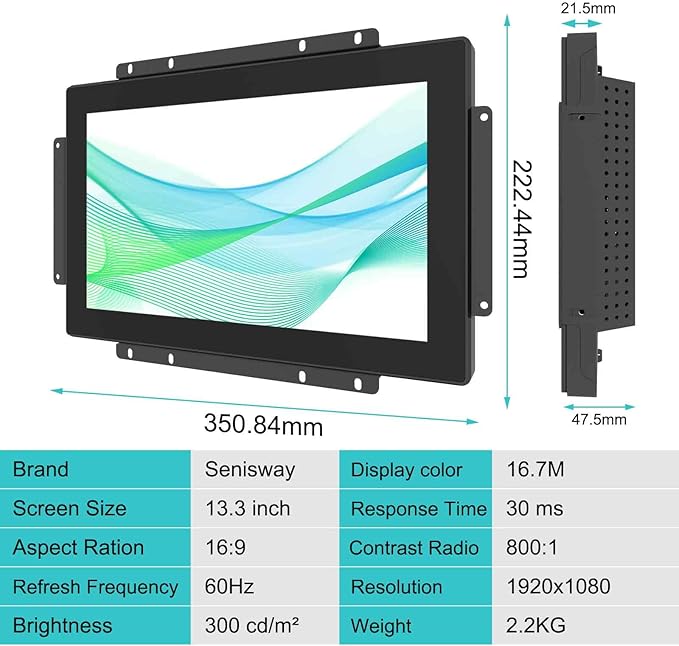 13.3-inch Industrial Touch Screen Monitor 10-Point Capacitive Open Frame Design Full HD 1920x1080 for Kiosk ATM Vending Machine (Embedded Mount IP65 Waterproof Front)