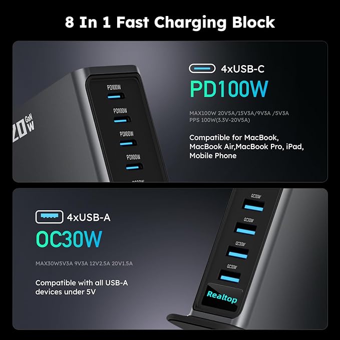 520W USB C Charging Station 8-Port GaN Fast Type C Charger Block Wall Charger Multiport Desktop Power Hub for MacBook Pro MacBook Air iPhone 16/15 iPad Samsung