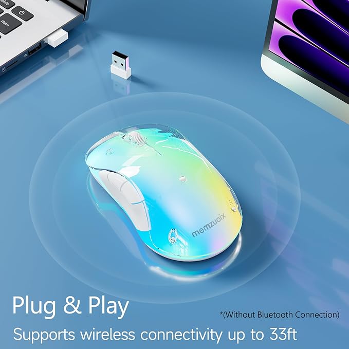 memzuoix 2.4G Wireless Mouse with Customizable Cover &amp 9-Color LED - Rechargeable Ergonomic 1400 DPI 5 Buttons USB Receiver for PC/Mac - Blue