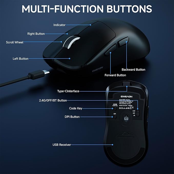 X23Pro Wireless Gaming Mouse 2.4G/BT5.0/USB-C Esports Gaming Mouse 800mAh Rechargeable Lightweight Mouse Gaming 12000 DPI Wireless Mouse with 6 Programmable Buttonsfor Laptop/PC/Mac Black
