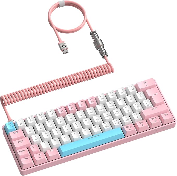 ZIYOU LANG RK-T60 Wired Mechanical Gaming Keyboard Mini Portable with Rainbow Backlit 62Key ABS Keycaps Full Anti-Ghosting Ergonomic Design Coiled Aviator Cable for PS4/PC/WIN Gamer(Pink/Blue Switch)