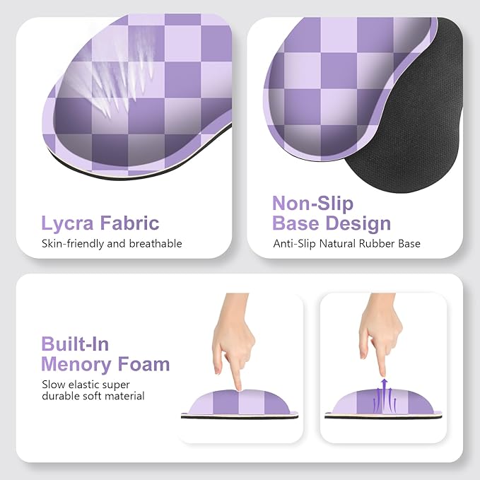 Large Gaming Mouse Pad Set 4 in1 Ergonomics Keyboard Desk Mat with Memory Foam Wrist Rest Extended Game Mousepad Non-Slip Desk Pad Matt Easy Typing Pain Relief I Light Purple Checkered