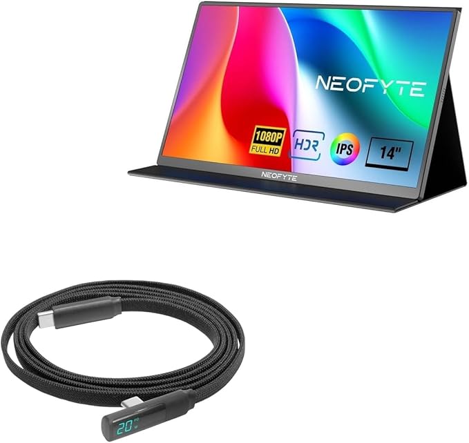 BoxWave Cable Compatible with NEOFYTE Portable Monitor for Laptop T14P (14 in) - PowerDisplay PD Right Angle Cable (4ft) - USB-C to USB-C (100W) LED Wattage Info Extra Long Braided Nylon - Jet Black