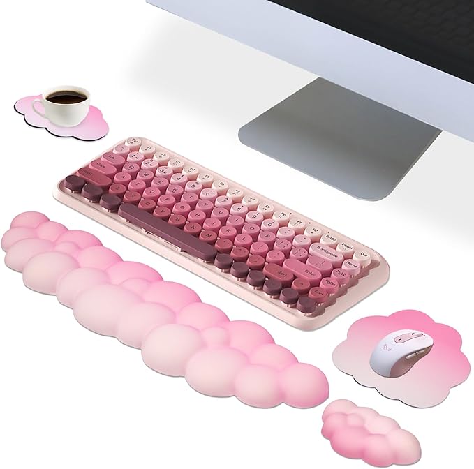 2026 Cloud Mouse Pad and Keyboard Wrist Rest Set4 Pcs Pink Ergonomic Arm Support for Computer DeskCute Palm Resting Cushion with Mousepad &amp Coaster | Office Computer Laptop Typing Pain Relief