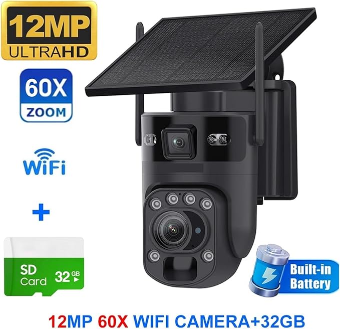 4K 60X Optical Zoom 4G Solar Camera Dual Screen Outdoor WiFi PTZ PIR Detection Human Auto Tracking CCTV Cameras(Black 60X WiFi 32GB)