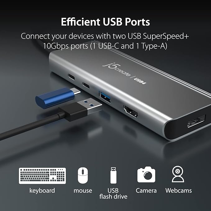 j5create USB4 Dual 4K Multi-Port Hub - 5 in 1 USB4 Hub Dual 4K Display (HDMI DisplayPort or USB-C) USB-A 2 x USB-C Ports for Macbooks Windows Thunderbolt 3/4 Laptops (JCD401)