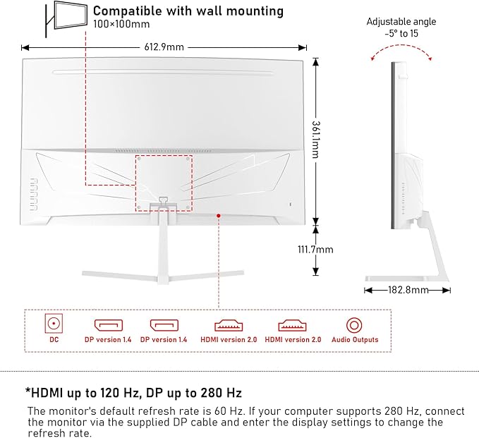 Gawfolk 27 Inch PC Computer Screen1800R Curved Gaming 280Hz Monitors FHD 1080p 1ms Freesync 98% sRGB178 ° Angle View HDMI2.0、DisplayPort Compatible with Wall-Mounted 100 * 100MM-White