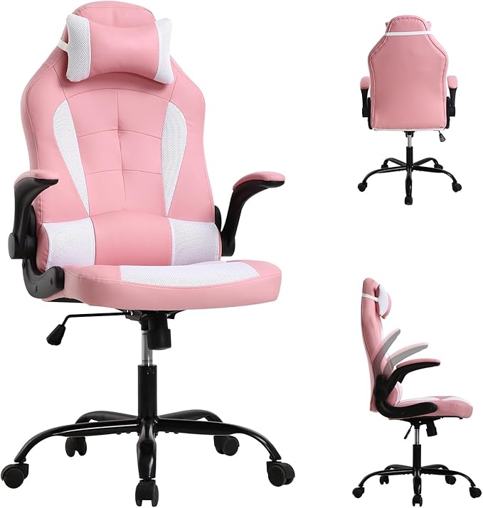 Gaming Chair for Adults - Big and Tall Office Chair With Lumbar Support Ergonomic PU Leather Computer Racing Chair Pink