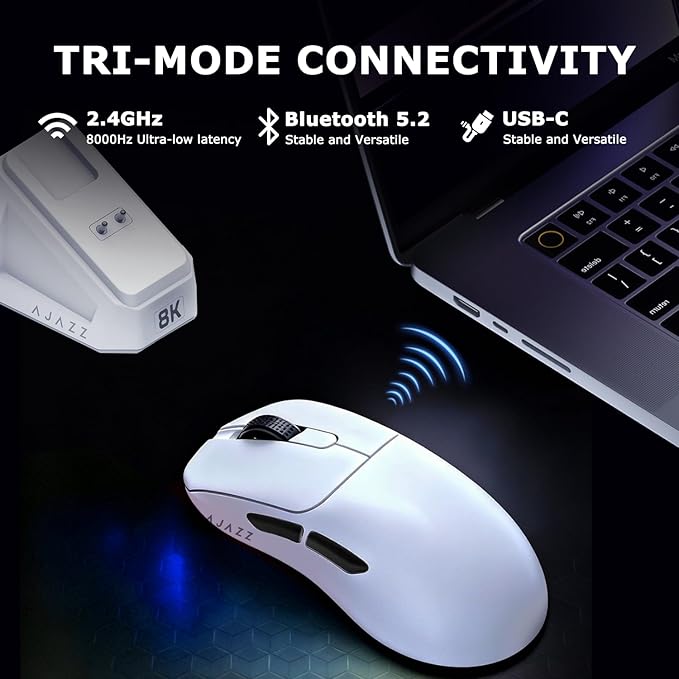 AJ179PRO PAW3395 26000 DPI Gaming Mouse 8000Hz Polling Rate 58g Ultra-Light Tri-Mode (2.4G/Wired/Bluetooth 5.2) Magnetic RGB Charging Dock Ergonomic Right-Hand Design White